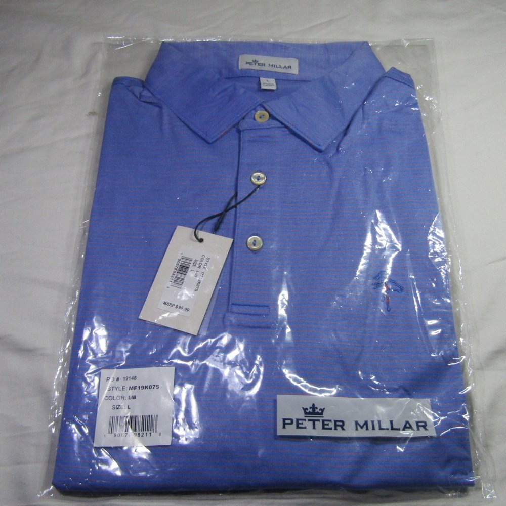 (L) Blue Collared Polo with Thin Red Stripes
